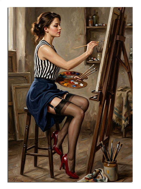 Şövale başında paletle resim yapan kadın ressam tablosu.