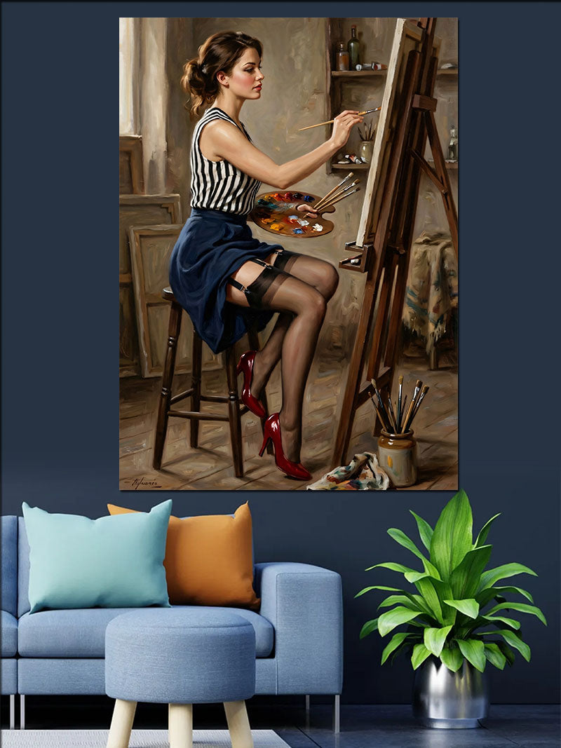 Tuval Boyuyan Ressam Kadın Kanvas Tablo