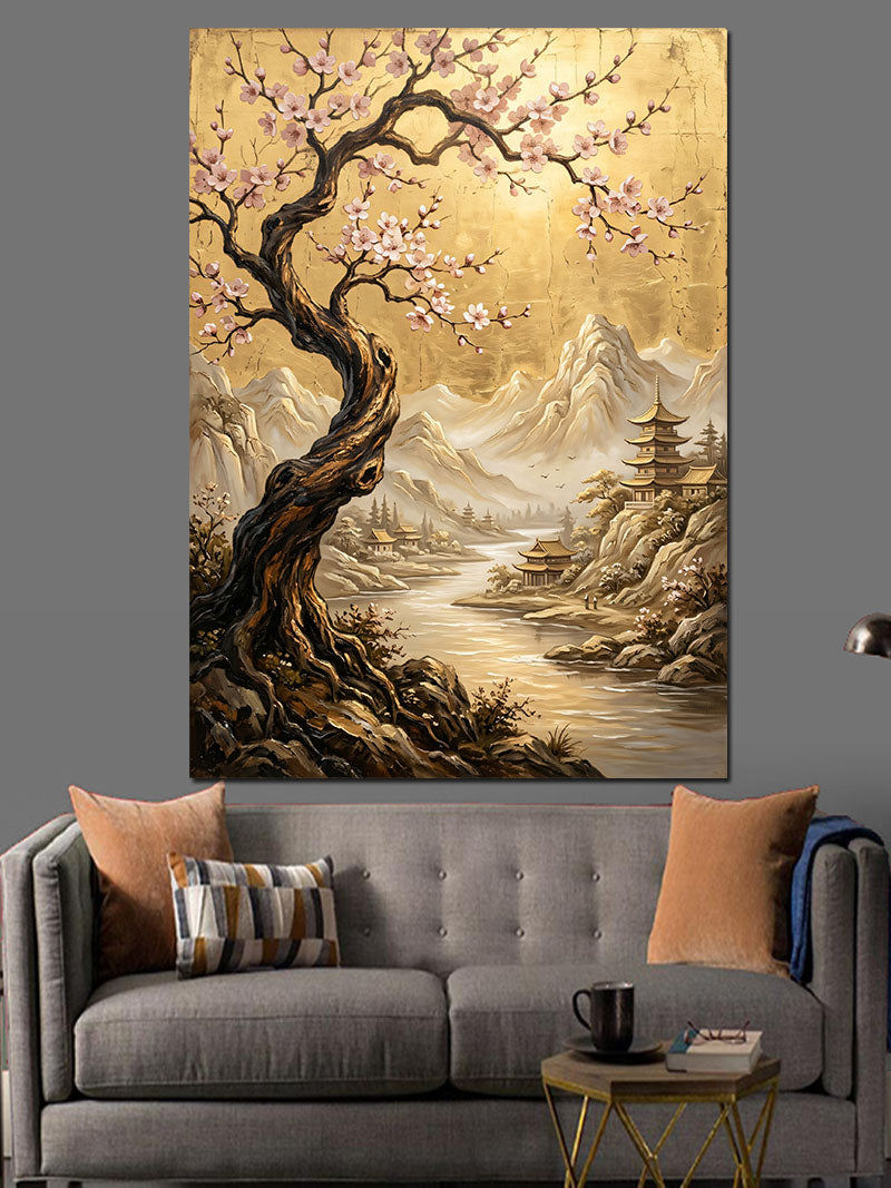 Dağ Manzaralı Pembe Sakura Ağacı Kanvas Tablo