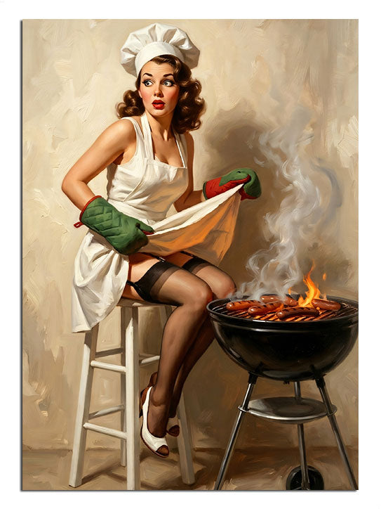 Mangalda et pişiren beyaz önlüklü pin-up kadın tablosu.