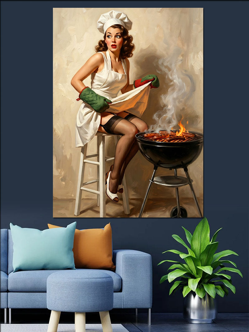 Mangalda Etli Pin-Up Aşçı Kanvas Tablo