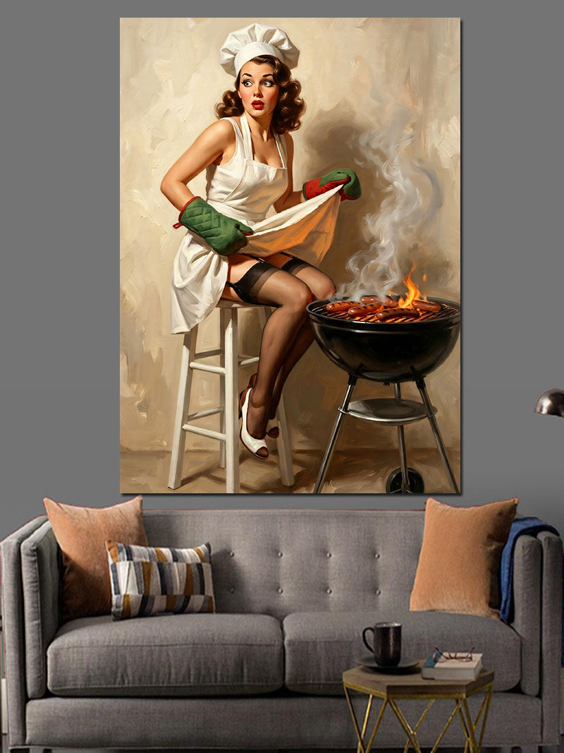 Mangalda Etli Pin-Up Aşçı Kanvas Tablo