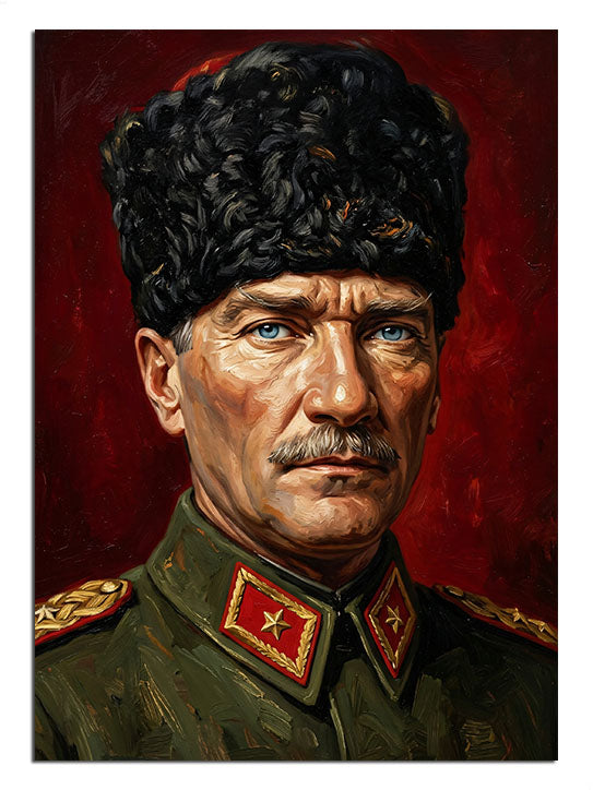 Kalpaklı ve askeri üniformalı ciddi Atatürk portresi tablosu.