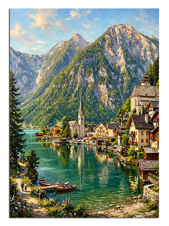 Göl ve dağ manzaralı taş evli köy manzarası, Hallstatt tablosu.