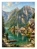 Göl ve dağ manzaralı taş evli köy manzarası, Hallstatt tablosu.