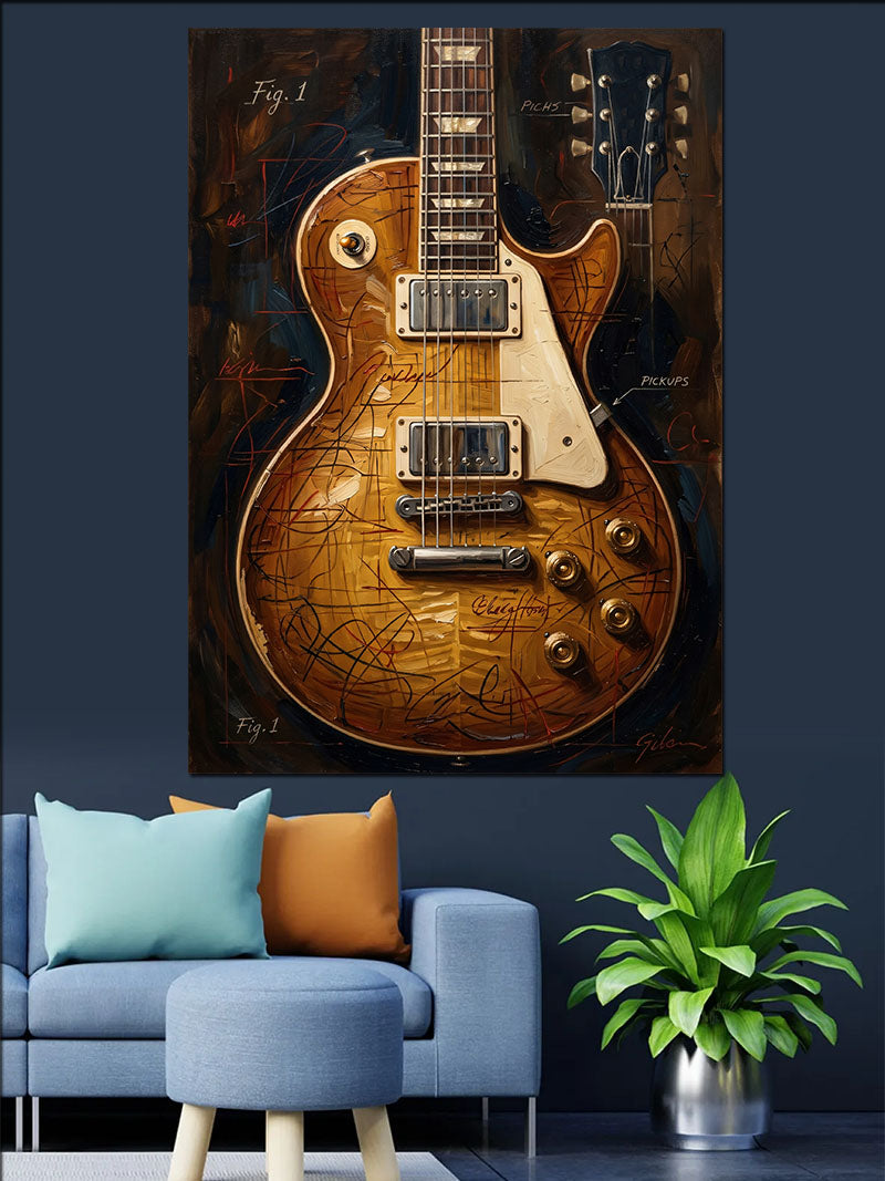 Vintage Gitar ve Teknik Çizim Kanvas Tablo