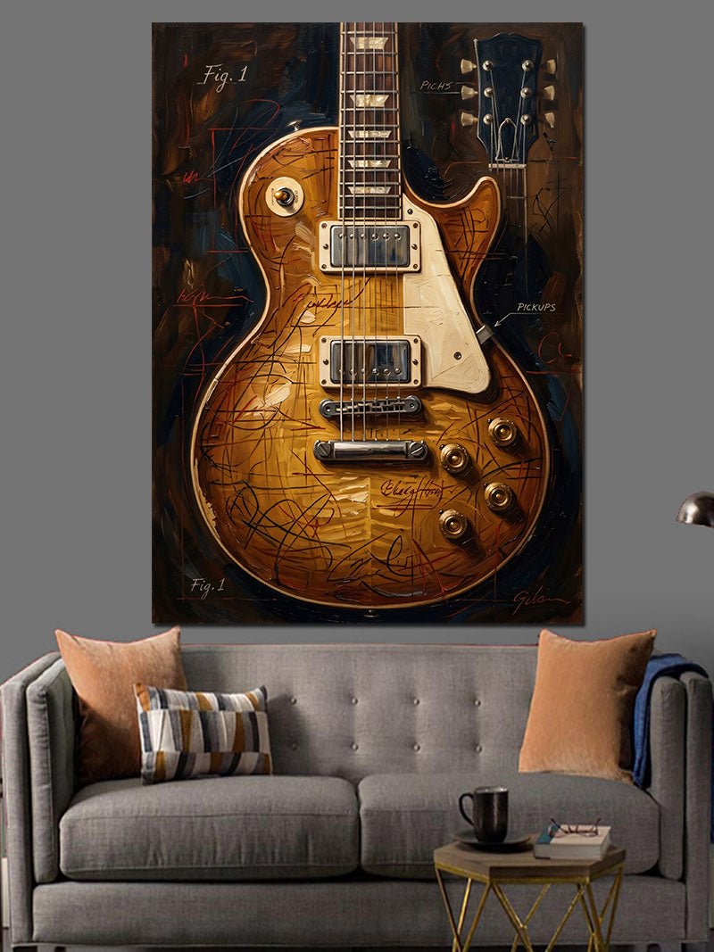 Vintage Gitar ve Teknik Çizim Kanvas Tablo