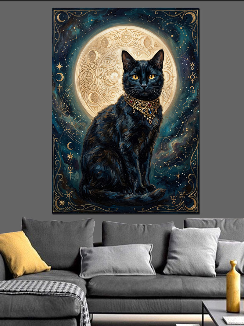Dolunay Altında Kara Kedi Tılsım Kanvas Tablo