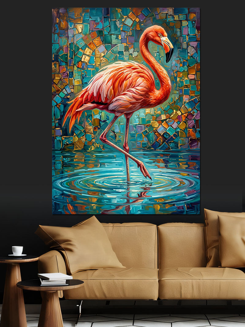 Pembe Flamingo Mozaik Sulu Zemin Kanvas Tablo