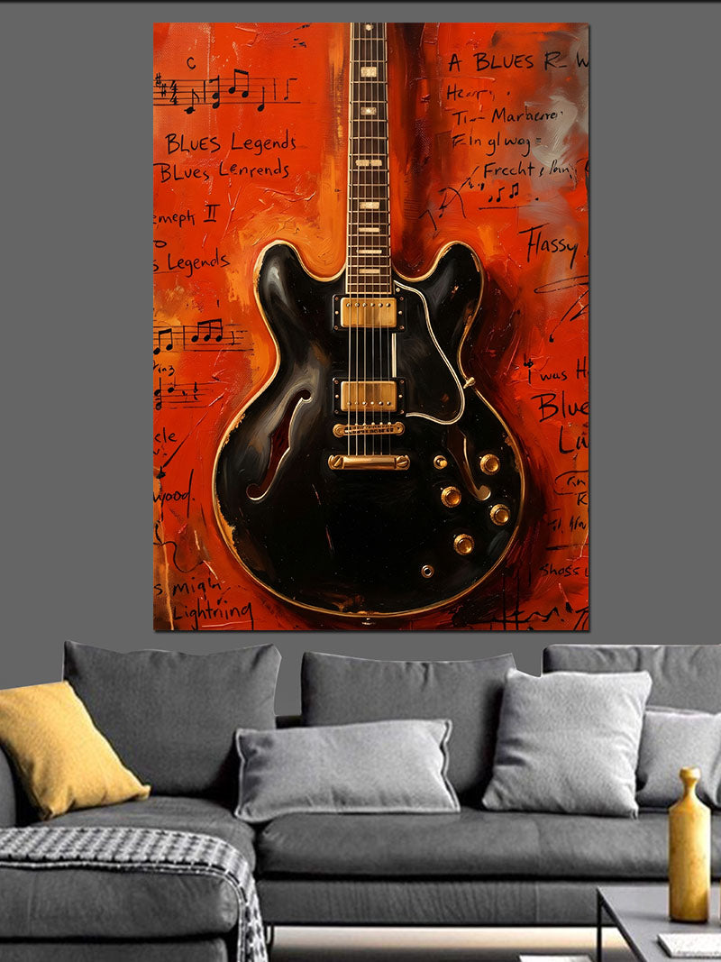 Blues Gitar Nota Kağıdı Turuncu Kanvas Tablo