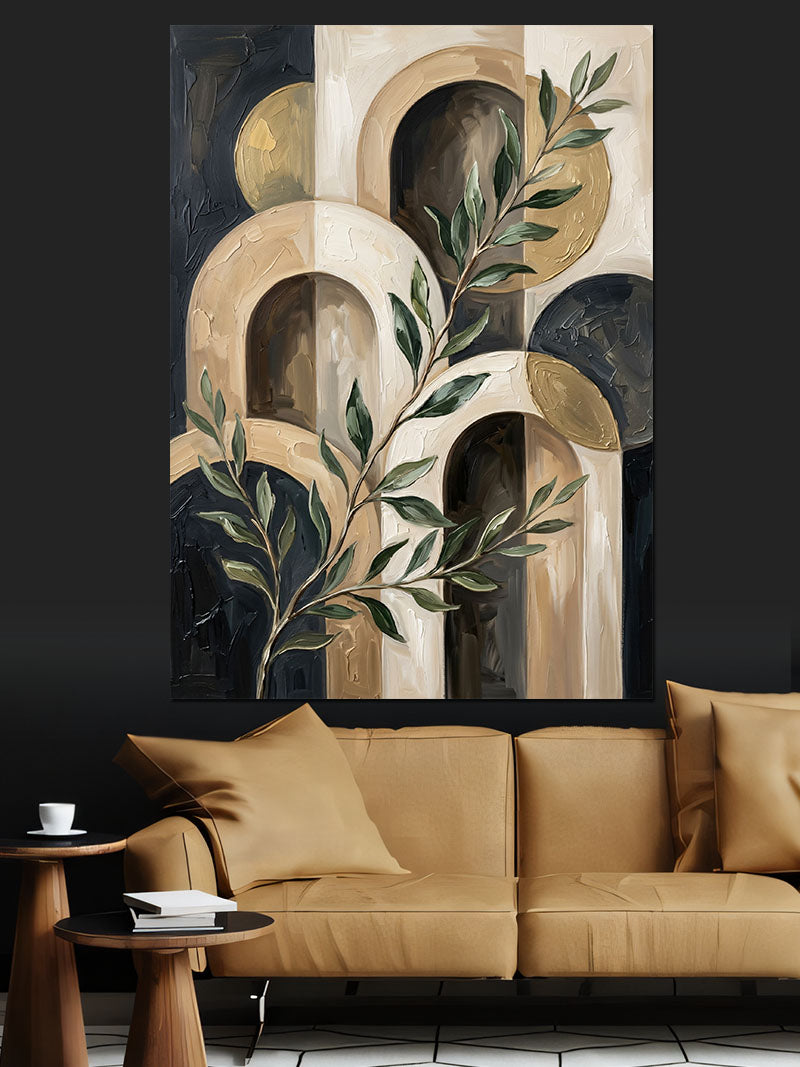 Minimalist Zeytin Dalı Bej Fon Kanvas Tablo
