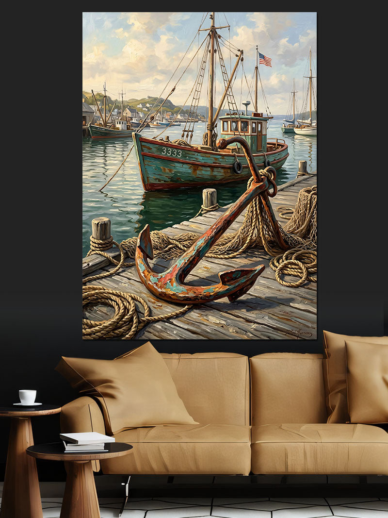 Balıkçı Teknesi İskele ve Çapa Kanvas Tablo