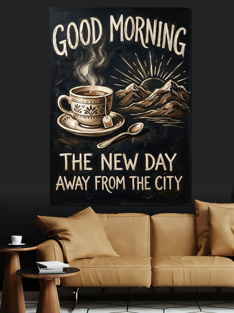 Good Morning Kahve ve Dağ Manzara Kanvas Tablo