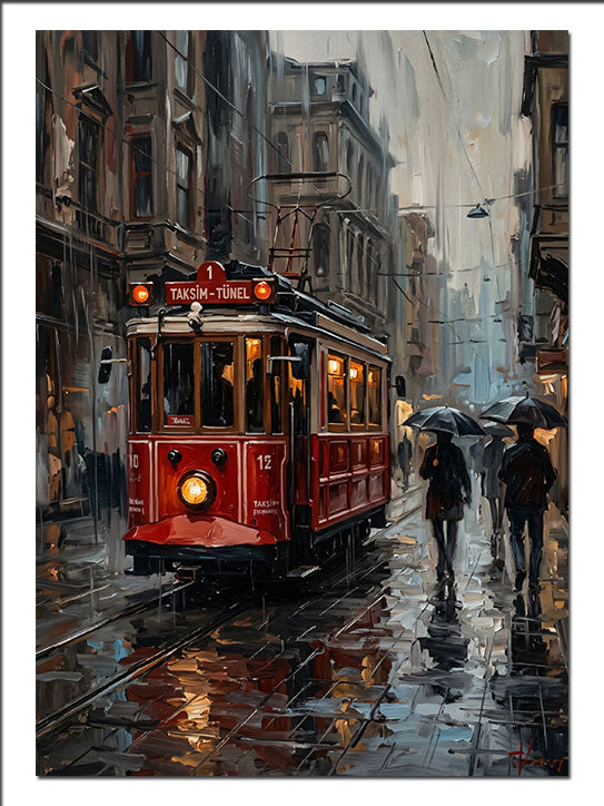 Kırmızı Tramvay Yağmurlu Şehir Gece Şehir kanvas tablo
