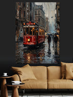 Kırmızı Tramvay Yağmurlu Şehir Gece Kanvas Tablo