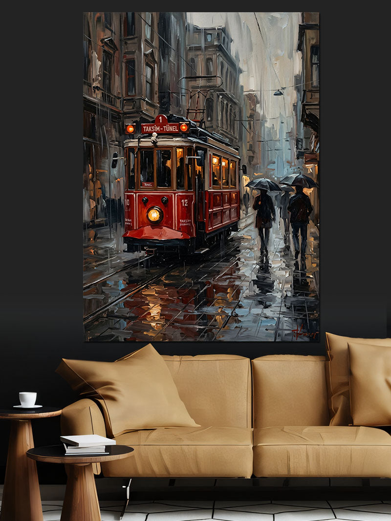 Kırmızı Tramvay Yağmurlu Şehir Gece Kanvas Tablo