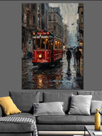 Kırmızı Tramvay Yağmurlu Şehir Gece Kanvas Tablo