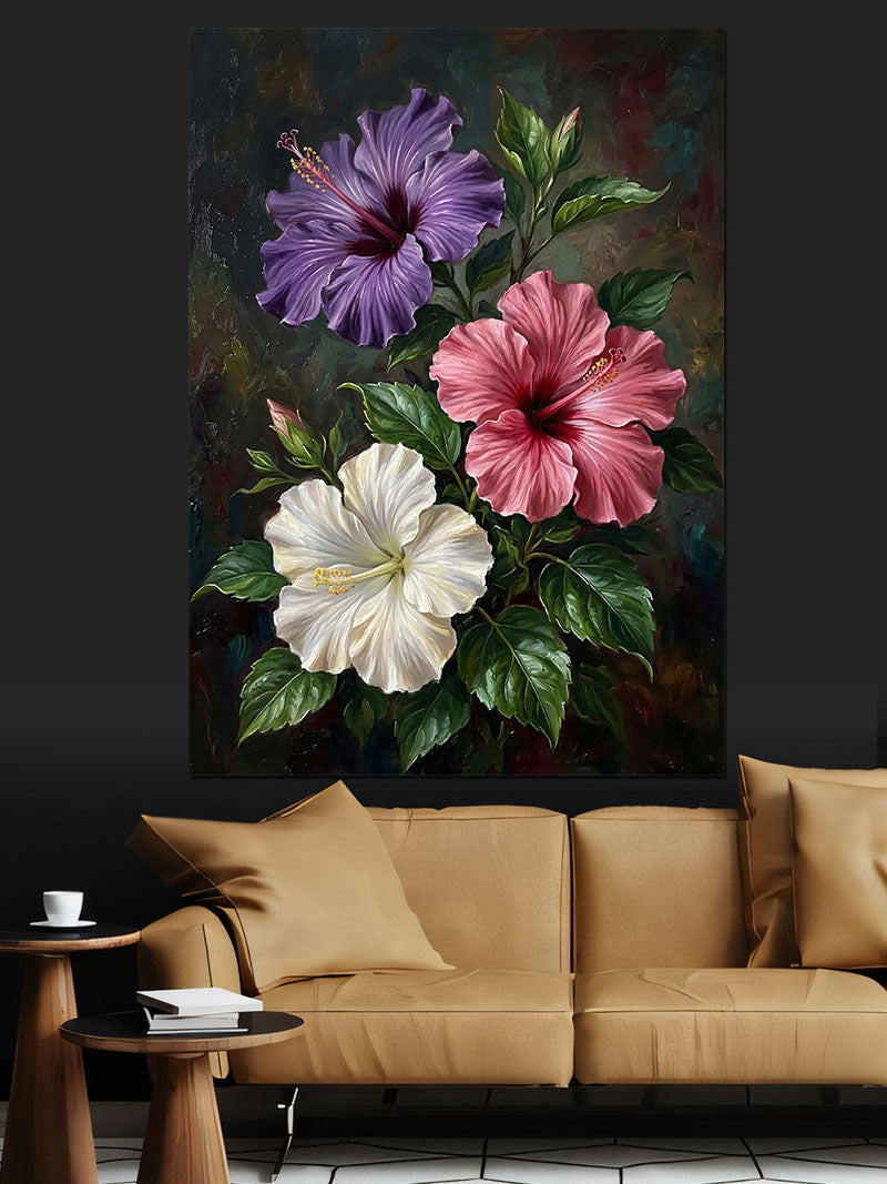 Mor Pembe Beyaz Hibiskus Buketi Kanvas Tablo