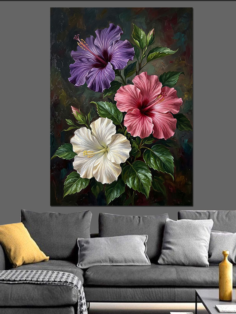 Mor Pembe Beyaz Hibiskus Buketi Kanvas Tablo