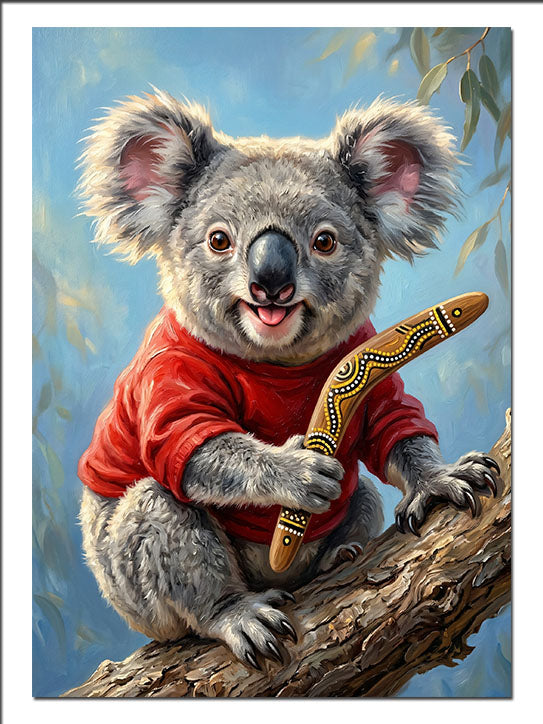 Koala ve Bumerang Kırmızı Kazak Hayvan kanvas tablo