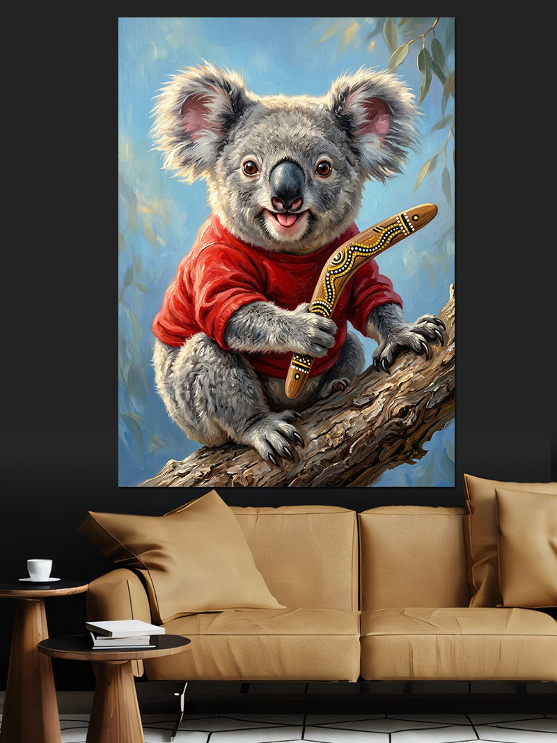 Kırmızı Kazaklı Koala ve Bumerang Kanvas Tablo
