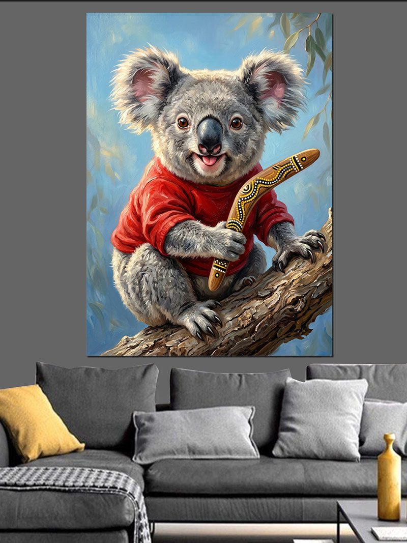 Kırmızı Kazaklı Koala ve Bumerang Kanvas Tablo