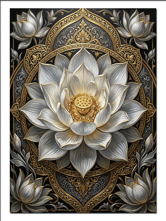 Beyaz Lotus Mandala Gold Dekor Mandala kanvas tablo