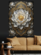 Beyaz Lotus Mandala Gold Dekor Kanvas Tablo