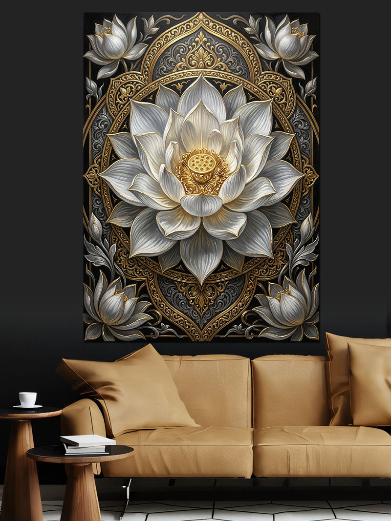 Beyaz Lotus Mandala Gold Dekor Kanvas Tablo