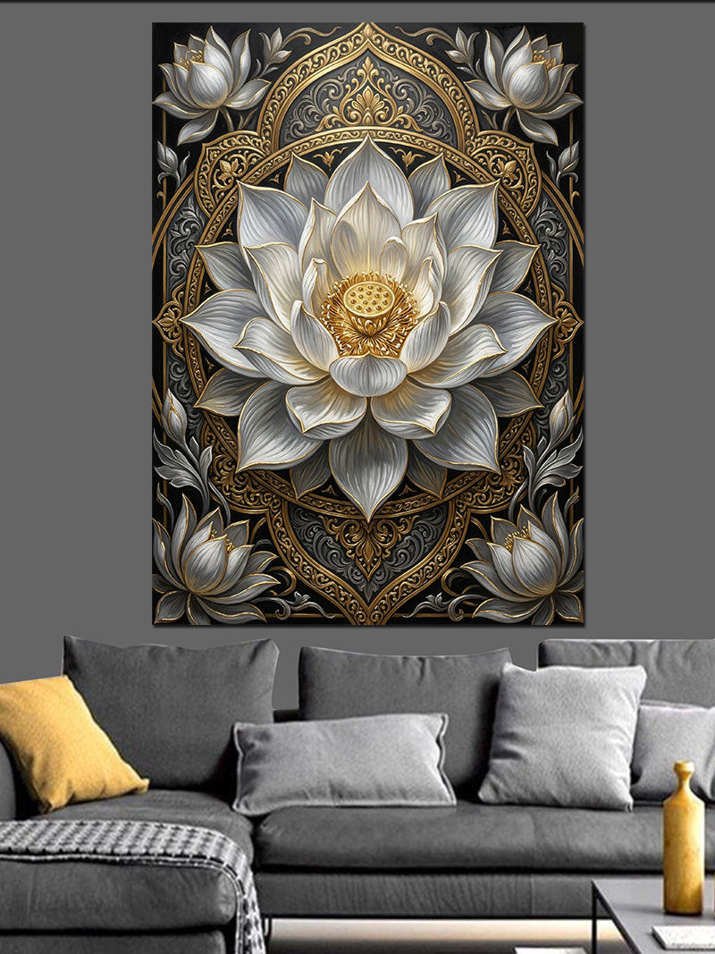 Beyaz Lotus Mandala Gold Dekor Kanvas Tablo