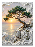 Bonsai Ağaç ve Kayalık Gün Batımı Manzara kanvas tablo