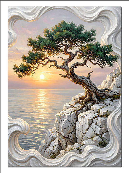 Bonsai Ağaç ve Kayalık Gün Batımı Manzara kanvas tablo