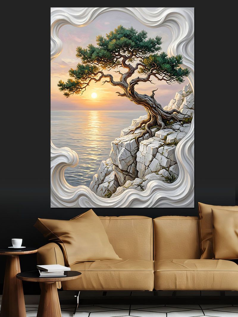 Bonsai Ağaç ve Kayalık Gün Batımı Kanvas Tablo