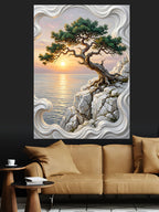 Bonsai Ağaç ve Kayalık Gün Batımı Kanvas Tablo