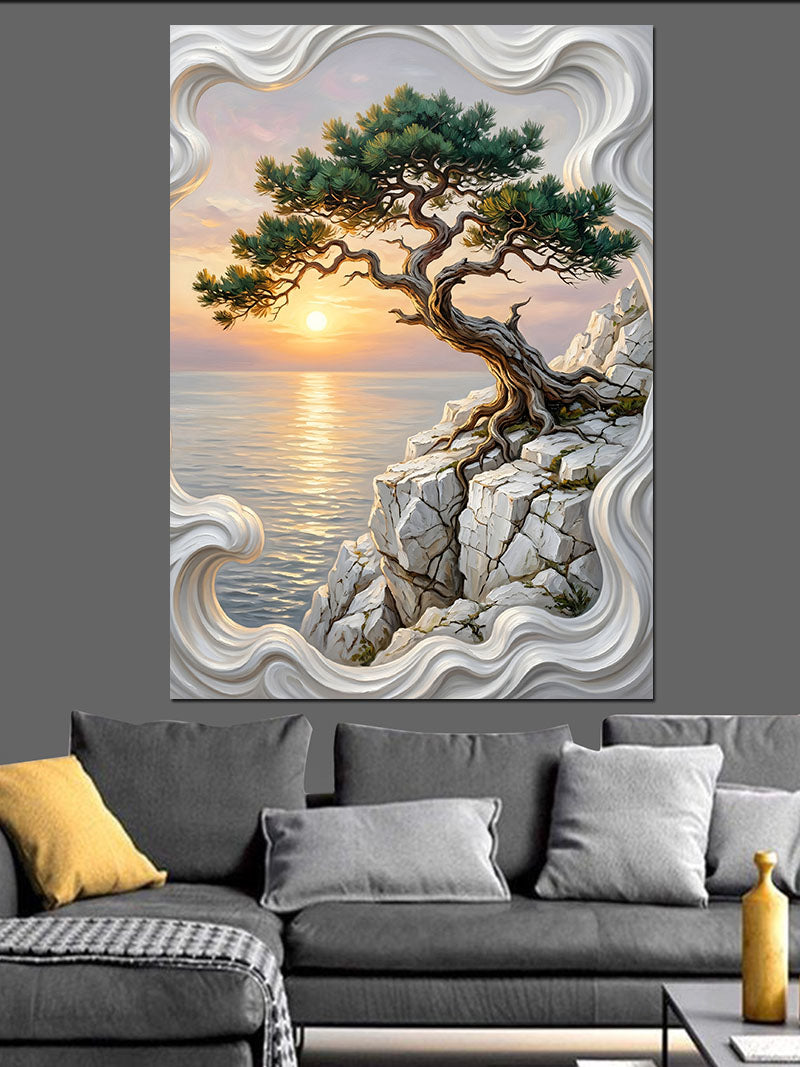 Bonsai Ağaç ve Kayalık Gün Batımı Kanvas Tablo