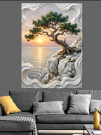 Bonsai Ağaç ve Kayalık Gün Batımı Kanvas Tablo