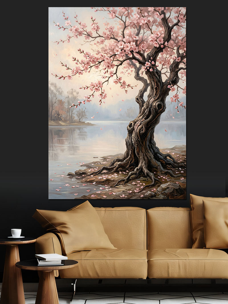 Sakura Ağacı Göl Kenarı Bahar Kanvas Tablo