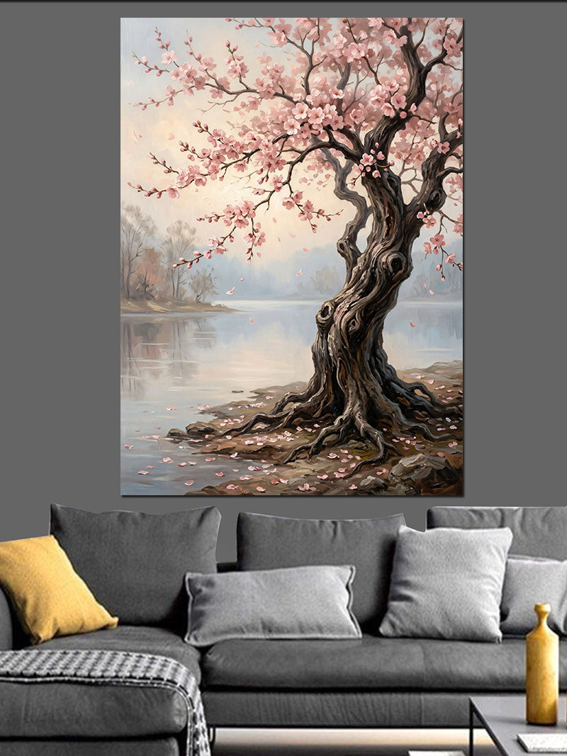Sakura Ağacı Göl Kenarı Bahar Kanvas Tablo