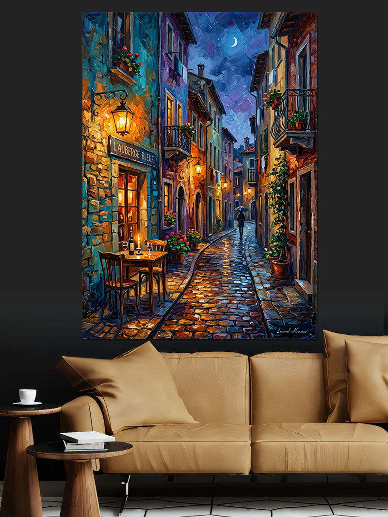 Renkli Sokak Gece Işıkları ve Kafe Kanvas Tablo