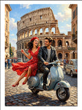 Vespa ile Roma Kolezyum Önü Çift Aşk kanvas tablo
