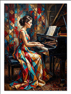 Piyano Çalan Patchwork Elbiseli Kadın Müzik kanvas tablo