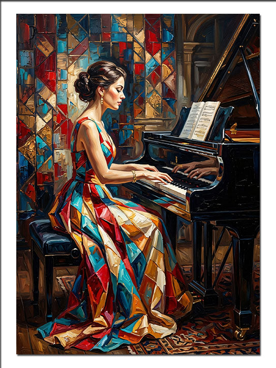 Piyano Çalan Patchwork Elbiseli Kadın Müzik kanvas tablo