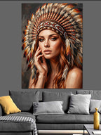 Kızılderili Kadın Tüy Başlık Portre Kanvas Tablo