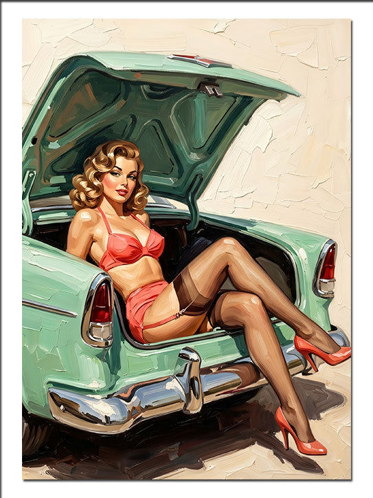 Bagajda Oturan Pin Up Bikini Kadın Retro kanvas tablo