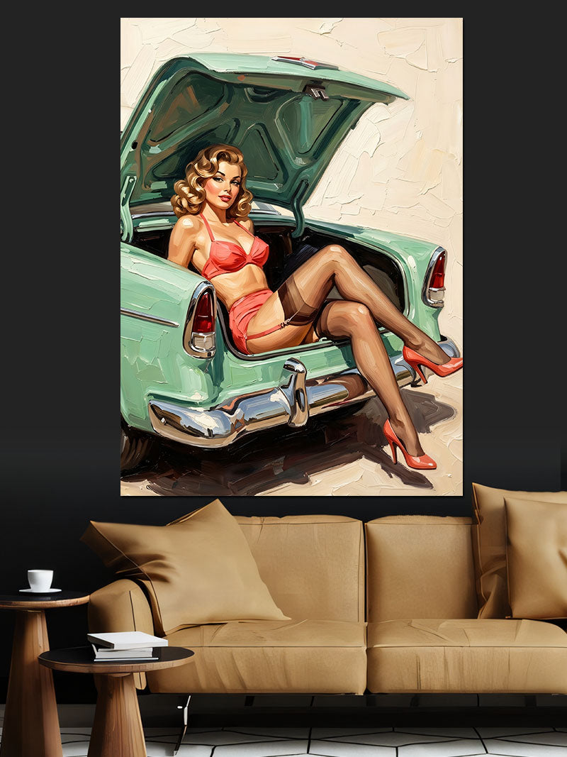 Bagajda Oturan Pin Up Bikini Kadın Kanvas Tablo