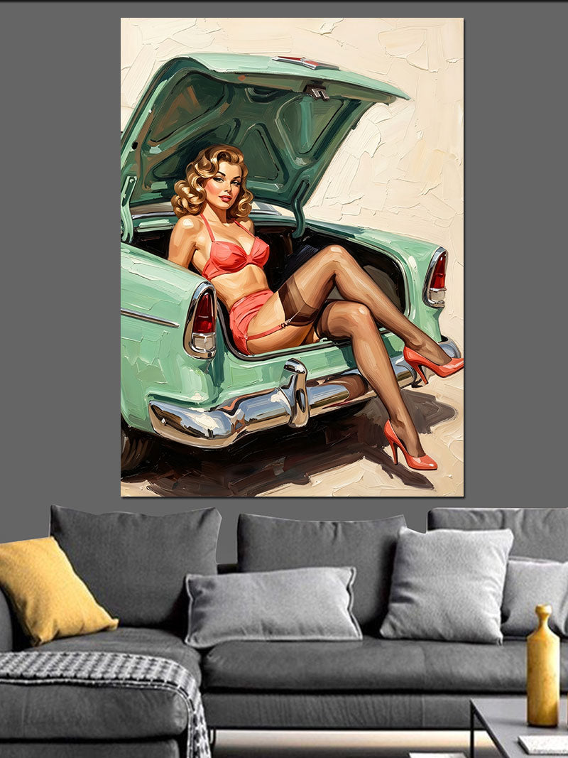 Bagajda Oturan Pin Up Bikini Kadın Kanvas Tablo