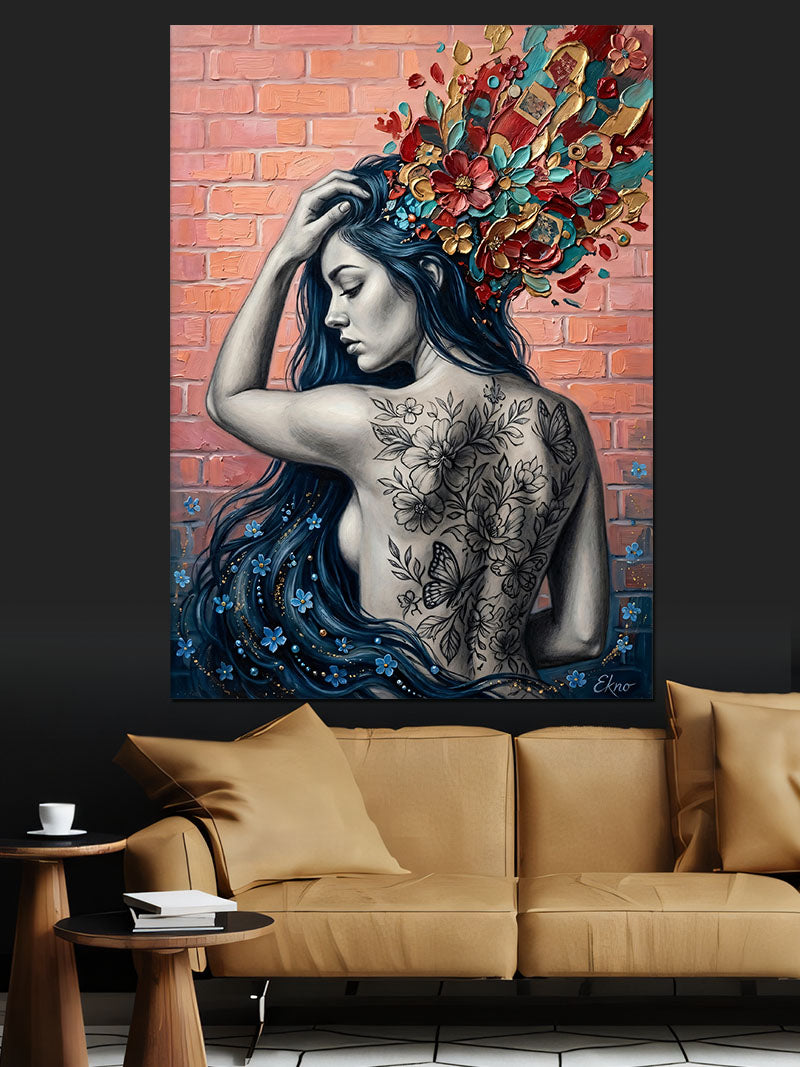 Dövmeli Kadın ve Çiçekli Kafa Sanat Kanvas Tablo