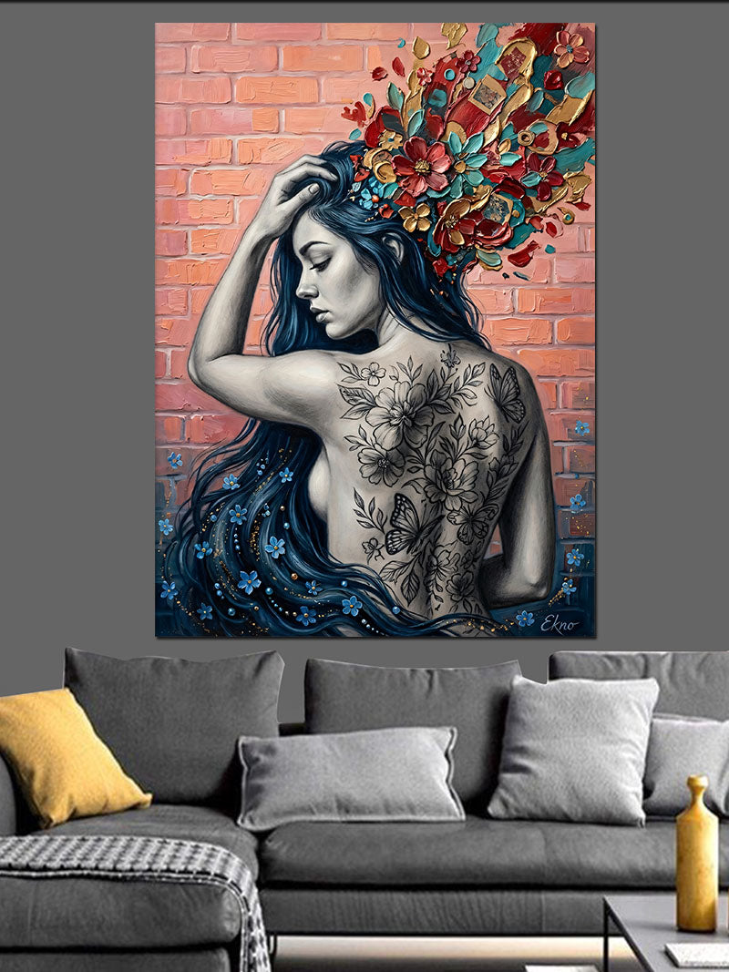Dövmeli Kadın ve Çiçekli Kafa Sanat Kanvas Tablo