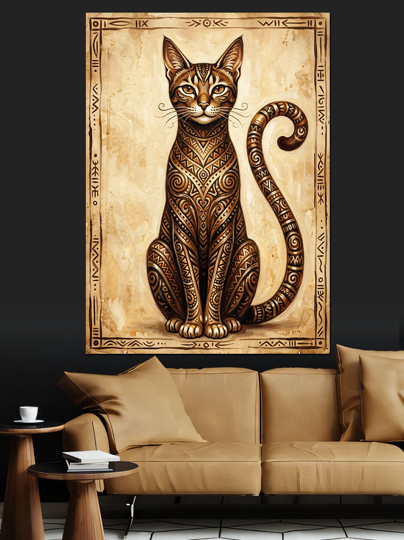 Antik Kedi ve Ornament Desen Kanvas Tablo