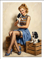Köpek Tutan Sarışın Pin Up Kadın Hayvan kanvas tablo